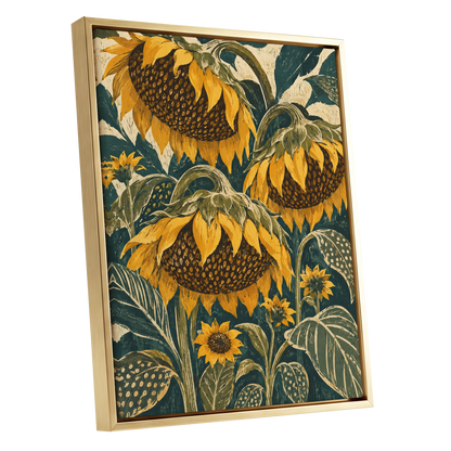 Ochre Sunflower Chorus, yellow, green, beige floral wall art shown as a gold framed canvas wall art