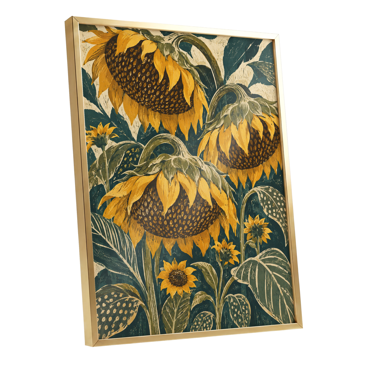 Ochre Sunflower Chorus, yellow, green, beige floral wall art shown as a gold framed poster wall art print