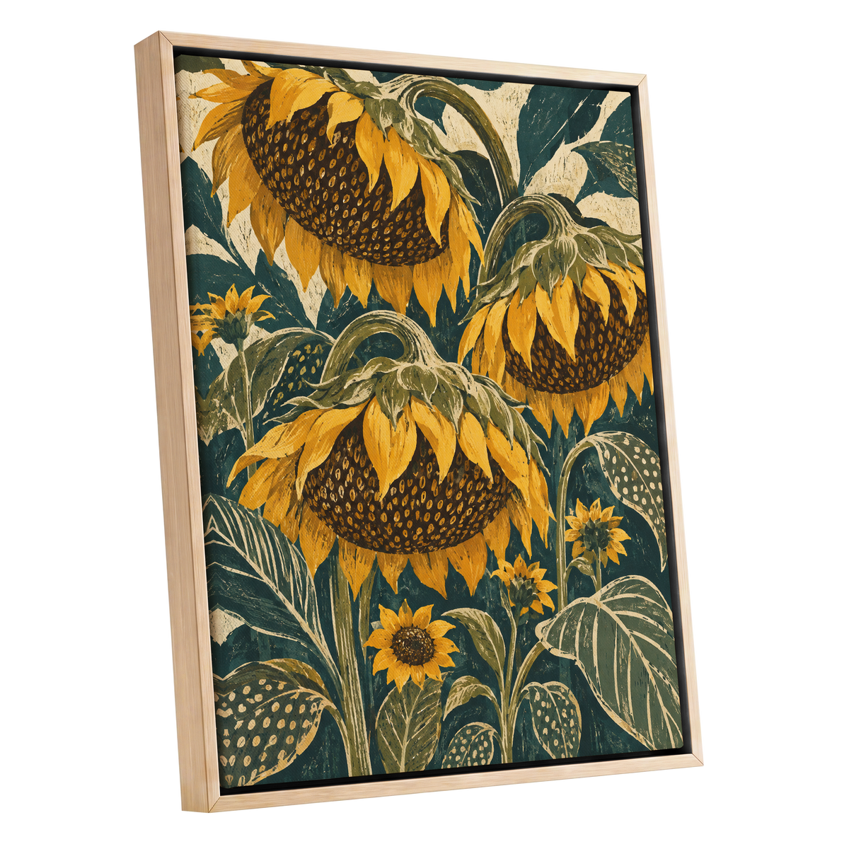 Ochre Sunflower Chorus, yellow, green, beige floral wall art shown as a oak framed canvas wall art