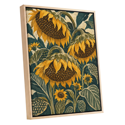 Ochre Sunflower Chorus, yellow, green, beige floral wall art shown as a oak framed canvas wall art