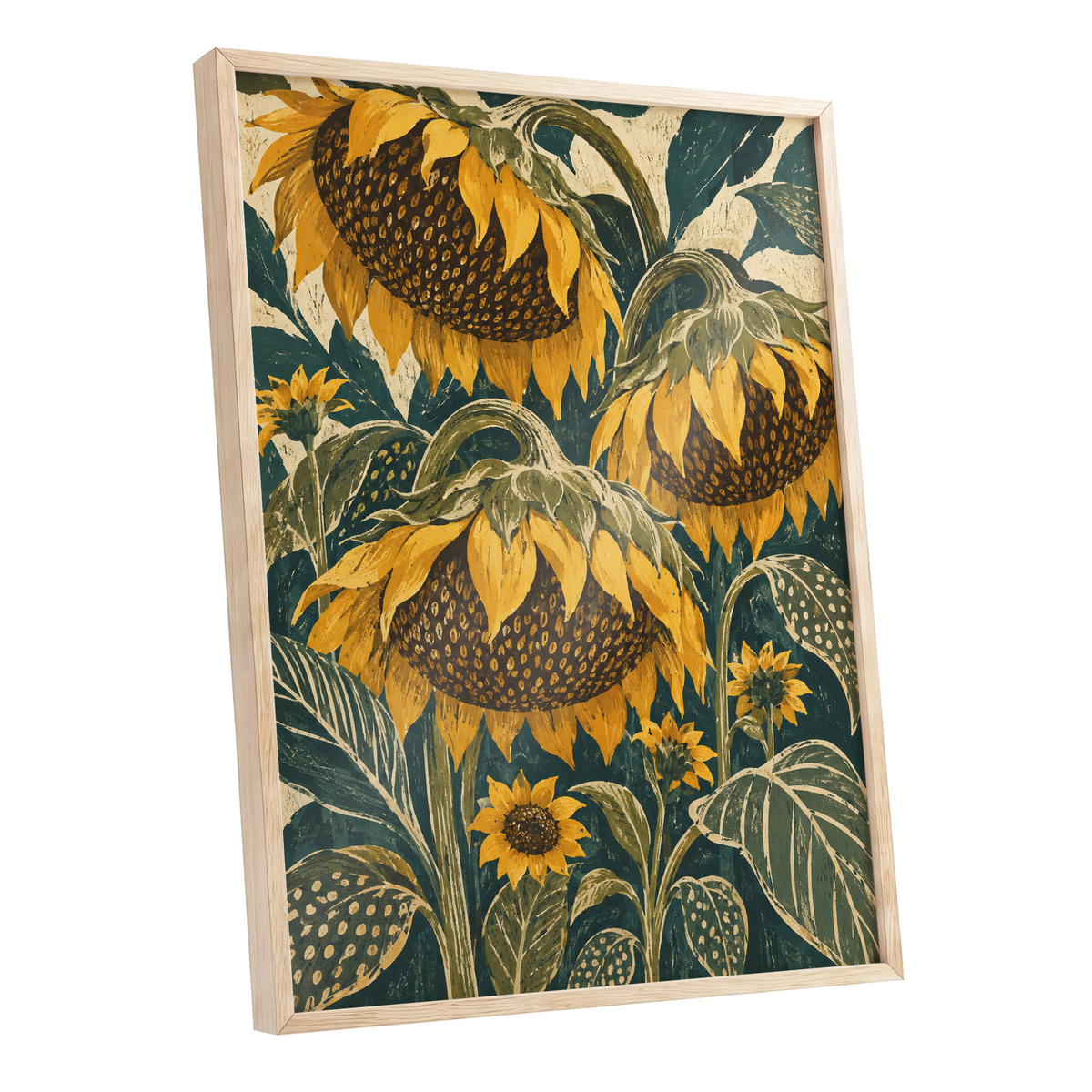 Ochre Sunflower Chorus, yellow, green, beige floral wall art shown as a oak framed poster wall art print