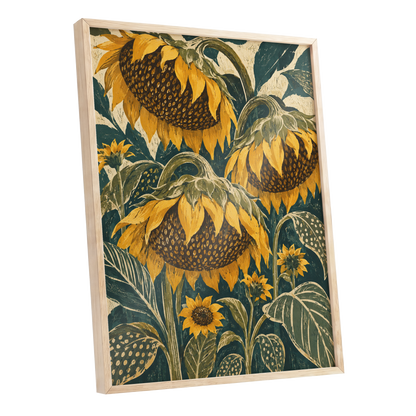 Ochre Sunflower Chorus, yellow, green, beige floral wall art shown as a oak framed poster wall art print