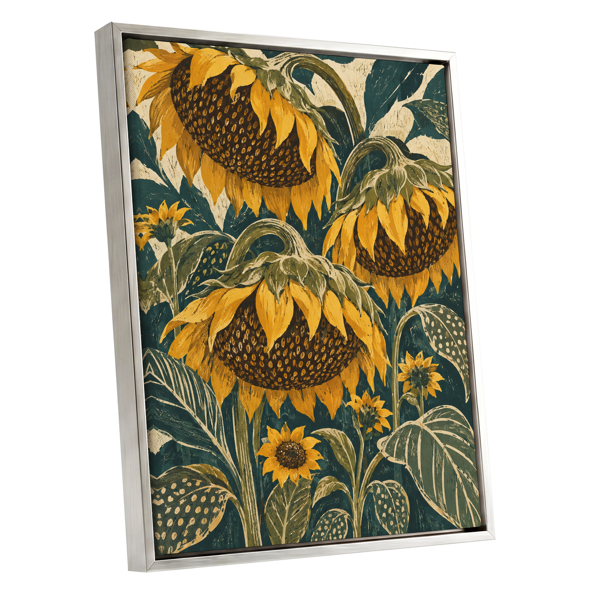 Ochre Sunflower Chorus, yellow, green, beige floral wall art shown as a silver framed canvas wall art