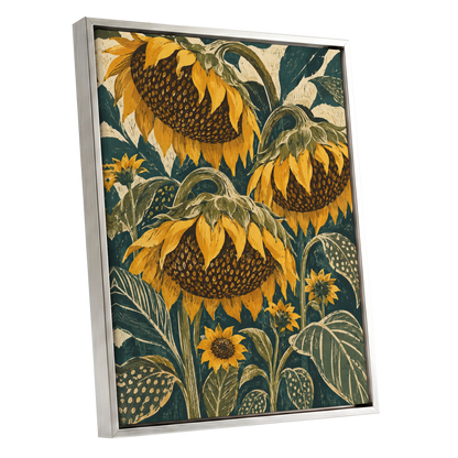 Ochre Sunflower Chorus, yellow, green, beige floral wall art shown as a silver framed canvas wall art