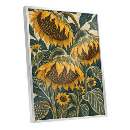 Ochre Sunflower Chorus, yellow, green, beige floral wall art shown as a silver framed poster wall art print