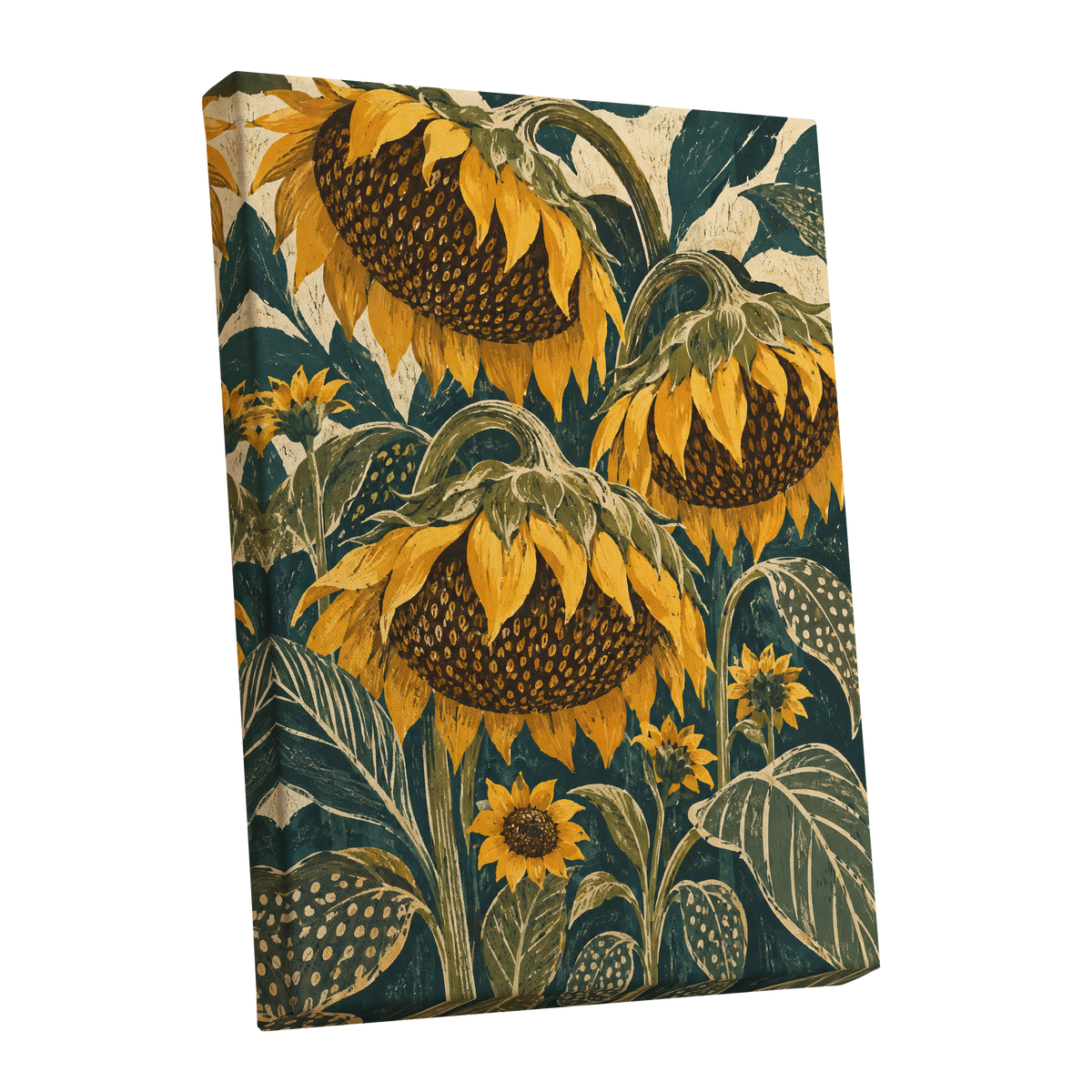 Ochre Sunflower Chorus, yellow, green, beige floral wall art shown as a stretched canvas wall art