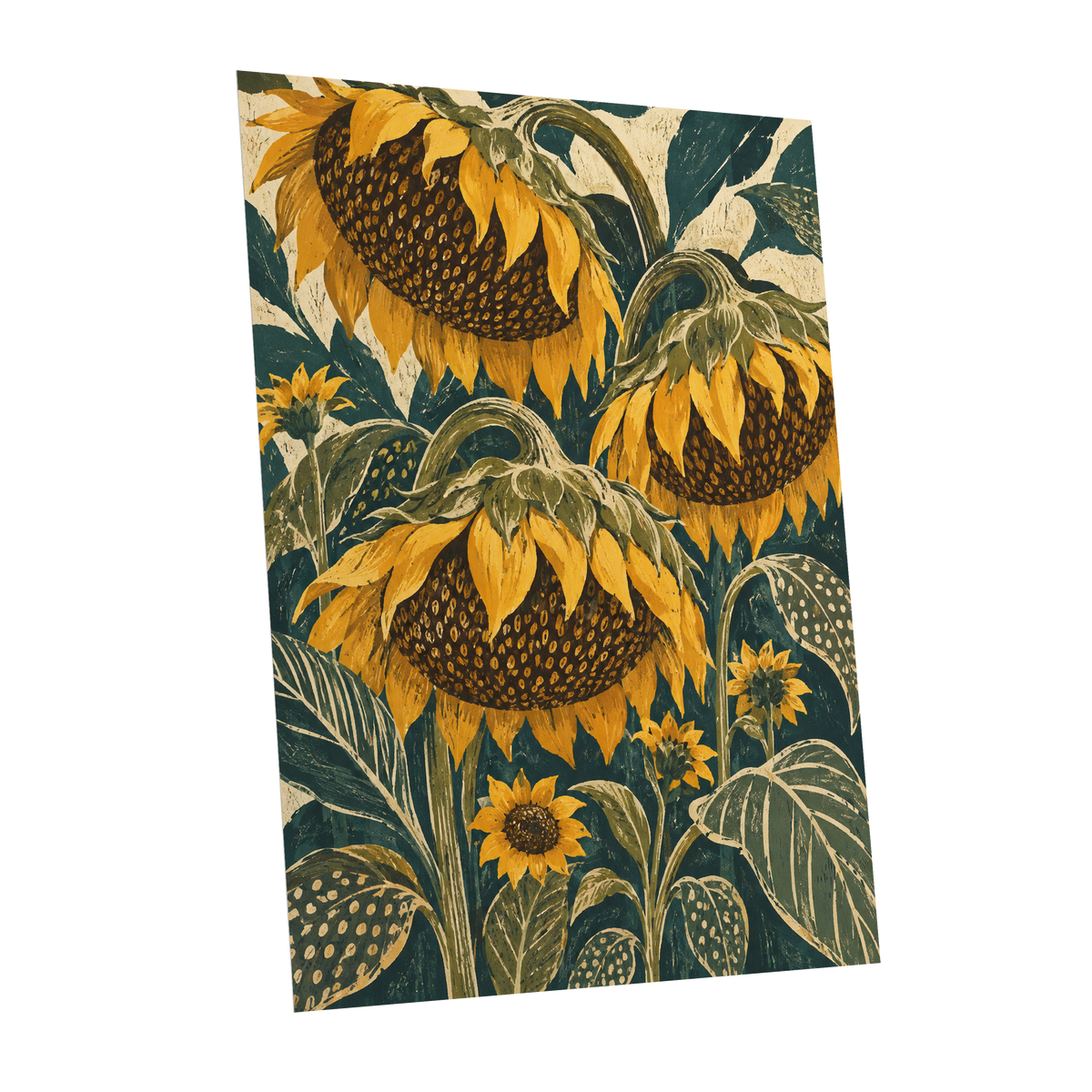 Ochre Sunflower Chorus, yellow, green, beige floral wall art shown as a unframed poster wall art print