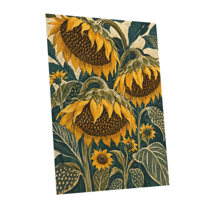 Ochre Sunflower Chorus, yellow, green, beige floral wall art shown as a unframed poster wall art print