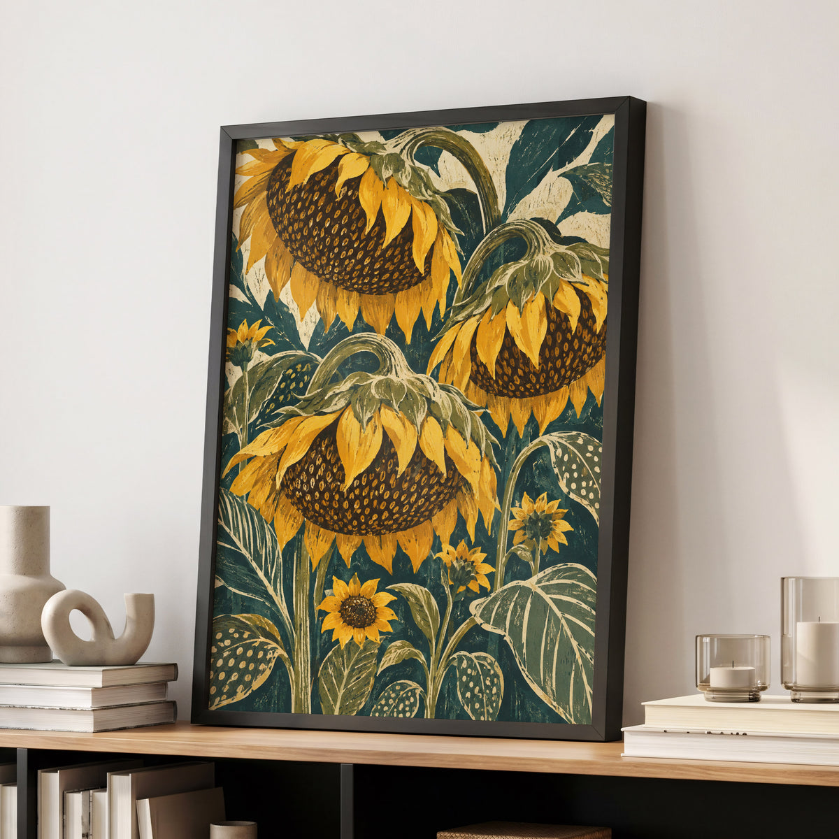 Ochre Sunflower Chorus, yellow, green, beige floral wall art displayed in a styled interior, gallery view 2