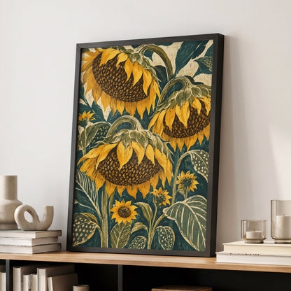 Ochre Sunflower Chorus, yellow, green, beige floral wall art displayed in a styled interior, gallery view 2