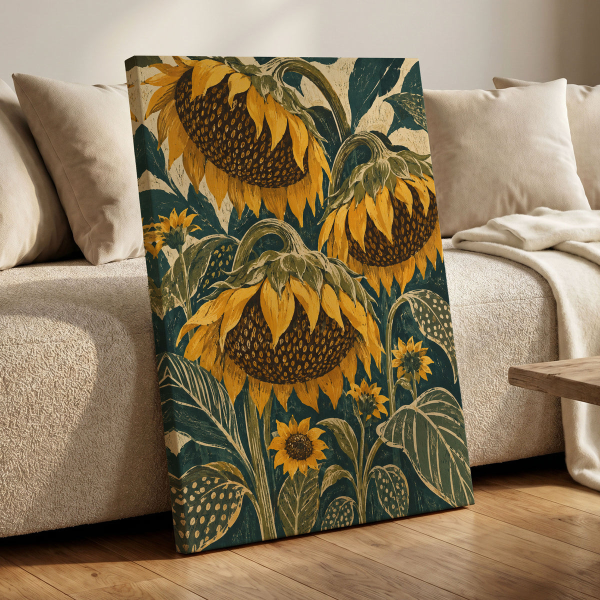 Ochre Sunflower Chorus, yellow, green, beige floral wall art displayed in a styled interior, gallery view 3