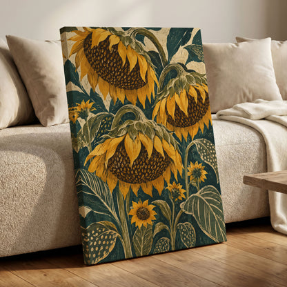 Ochre Sunflower Chorus, yellow, green, beige floral wall art displayed in a styled interior, gallery view 3