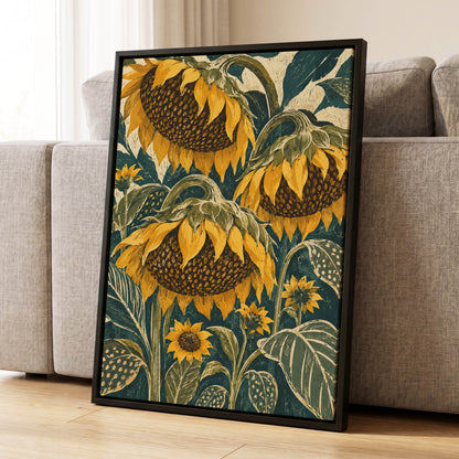 Ochre Sunflower Chorus, yellow, green, beige floral wall art displayed in a styled interior, gallery view 4