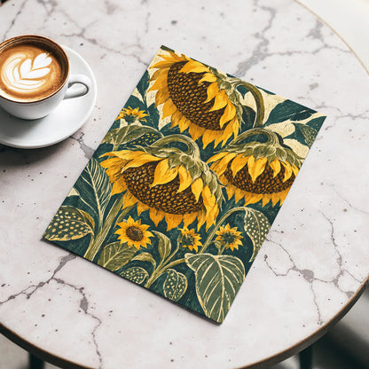 Ochre Sunflower Chorus, yellow, green, beige floral wall art displayed in a styled interior, gallery view 5