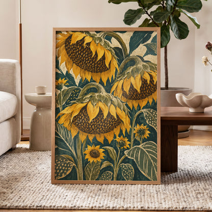 Ochre Sunflower Chorus, yellow, green, beige floral wall art displayed in a styled interior, gallery view 6