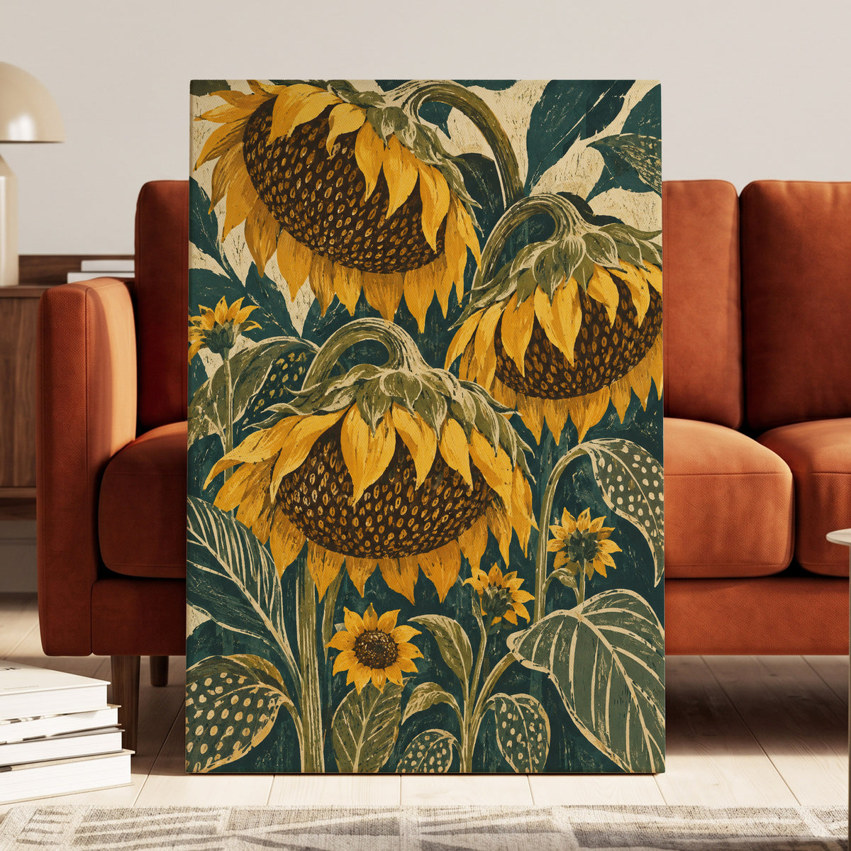Ochre Sunflower Chorus, yellow, green, beige floral wall art displayed in a styled interior, gallery view 7