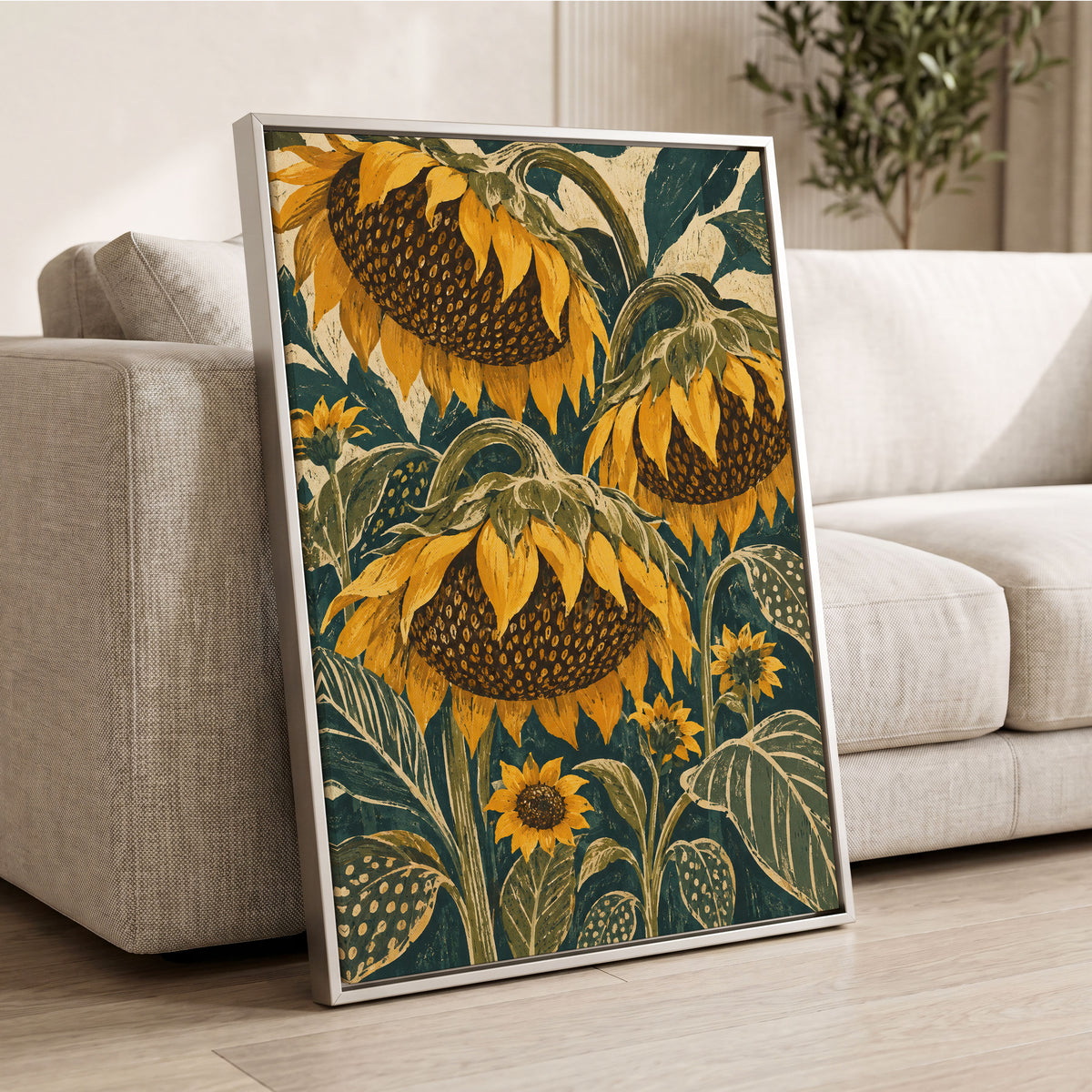 Ochre Sunflower Chorus, yellow, green, beige floral wall art displayed in a styled interior, gallery view 8