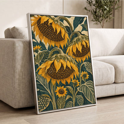 Ochre Sunflower Chorus, yellow, green, beige floral wall art displayed in a styled interior, gallery view 8