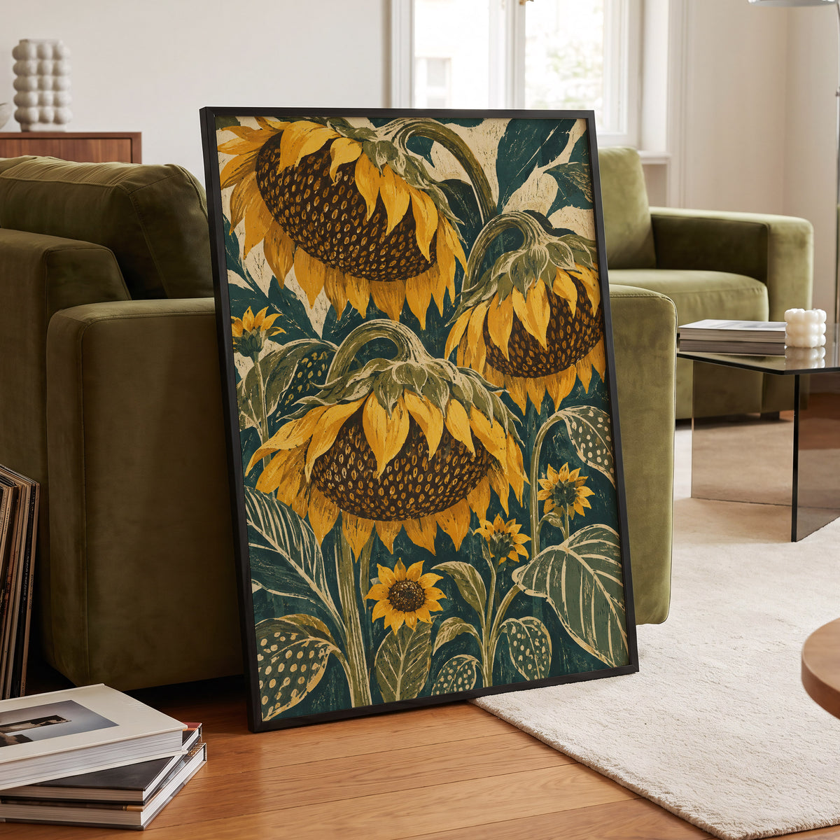 Ochre Sunflower Chorus, yellow, green, beige floral wall art displayed in a styled interior, gallery view 9