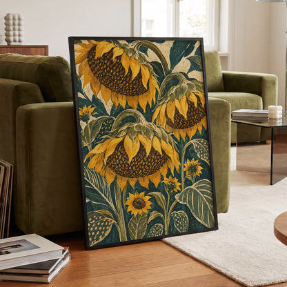 Ochre Sunflower Chorus, yellow, green, beige floral wall art displayed in a styled interior, gallery view 9