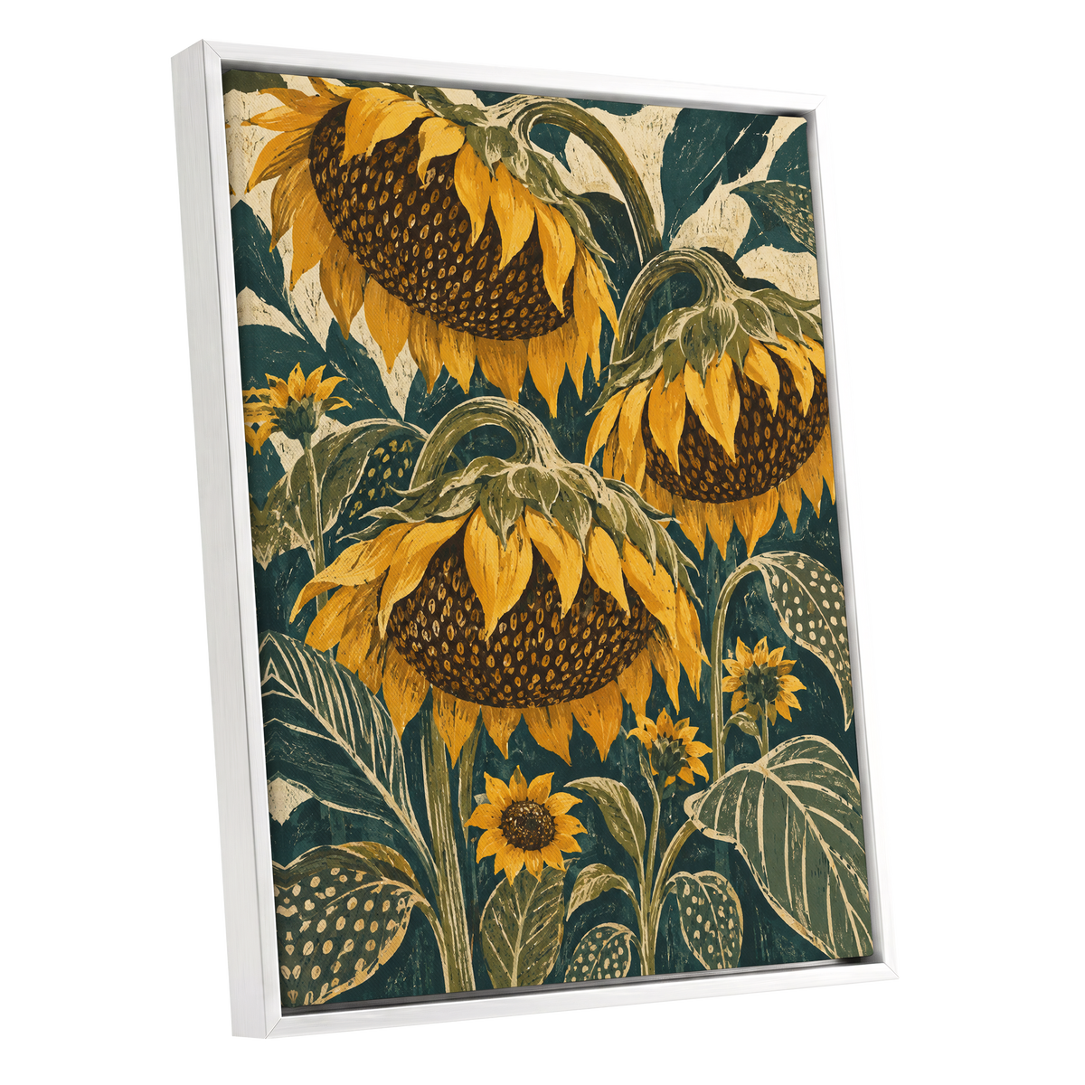 Ochre Sunflower Chorus, yellow, green, beige floral wall art shown as a white framed canvas wall art