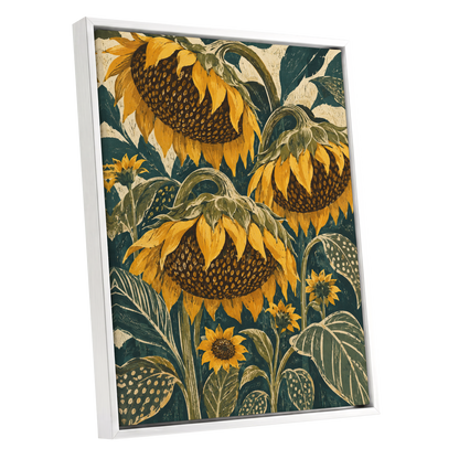 Ochre Sunflower Chorus, yellow, green, beige floral wall art shown as a white framed canvas wall art