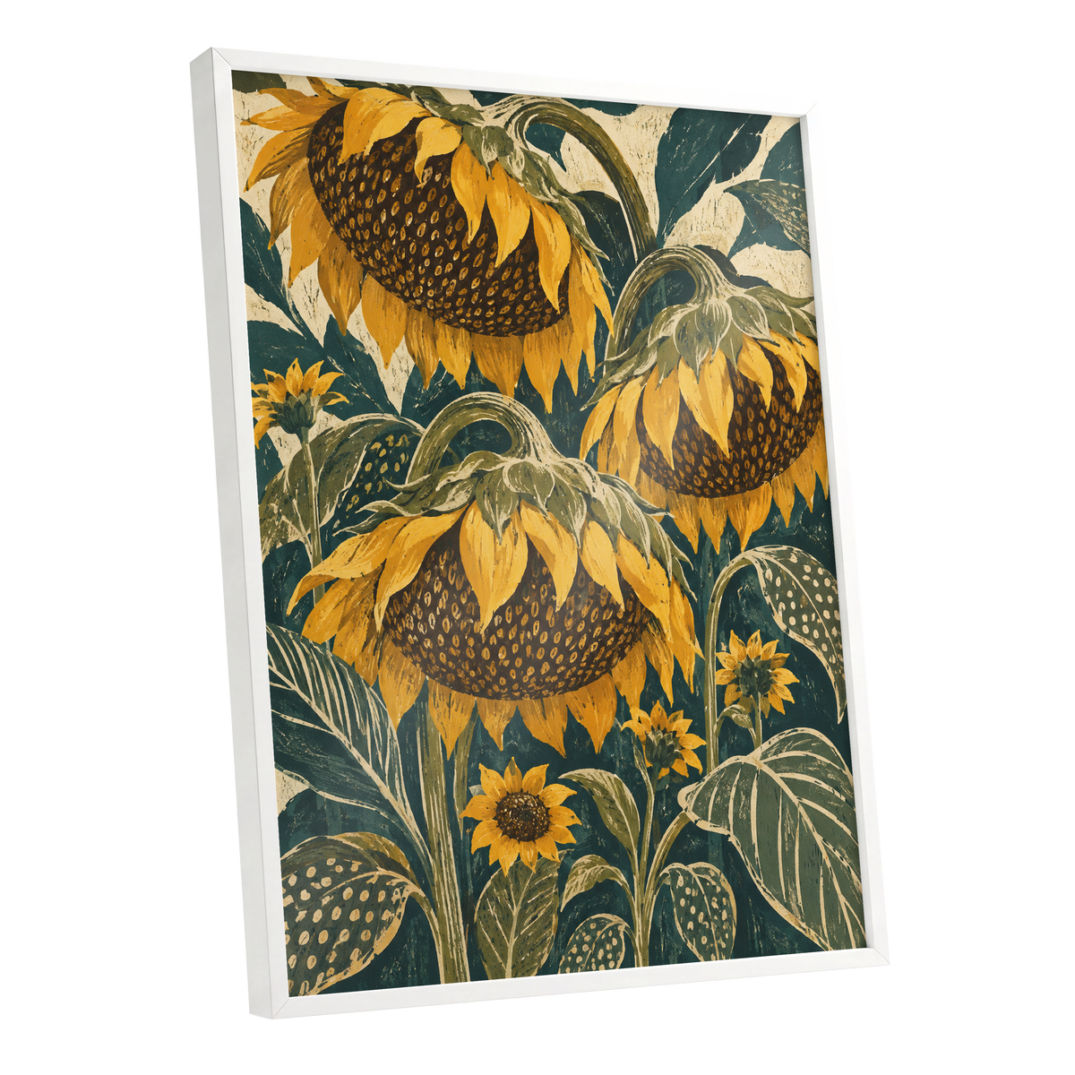 Ochre Sunflower Chorus, yellow, green, beige floral wall art shown as a white framed poster wall art print