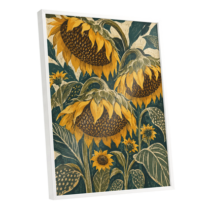 Ochre Sunflower Chorus, yellow, green, beige floral wall art shown as a white framed poster wall art print