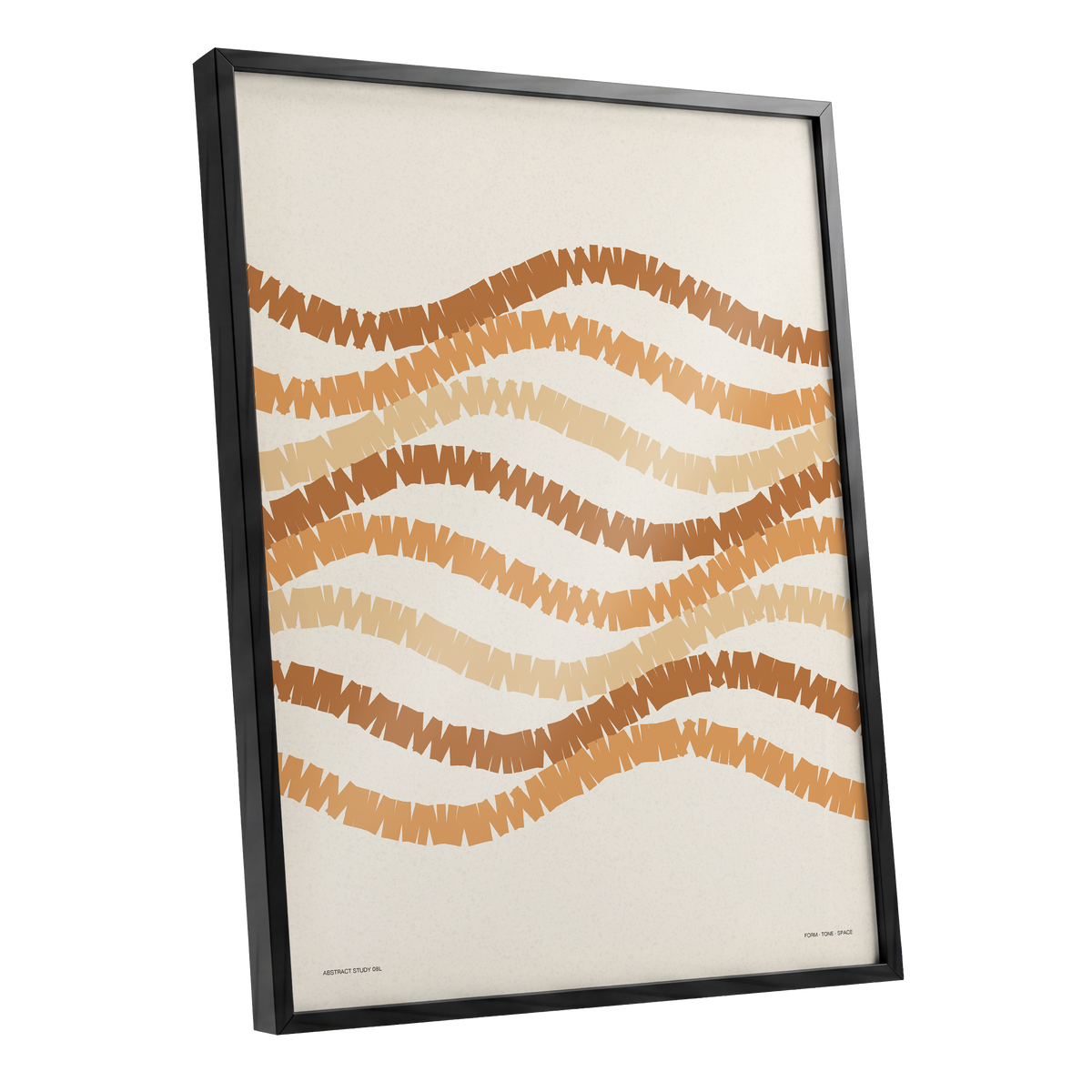 Ochre Tides, beige, brown, orange abstract wall art shown as a black framed poster wall art print