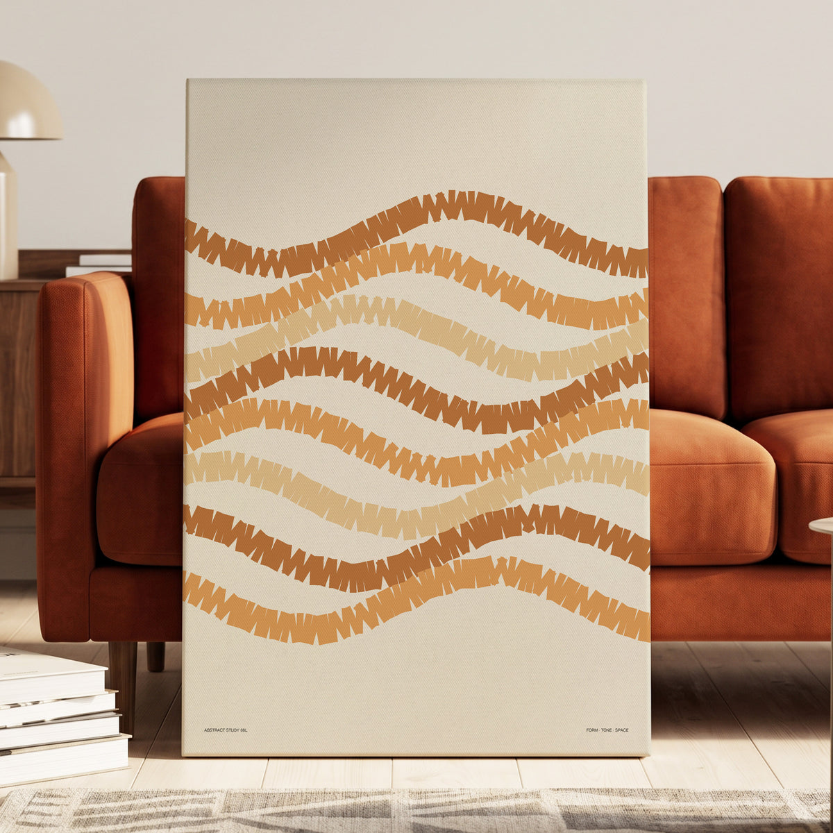 Ochre Tides, beige, brown, orange abstract wall art on canvas displayed in a styled interior, gallery view 1