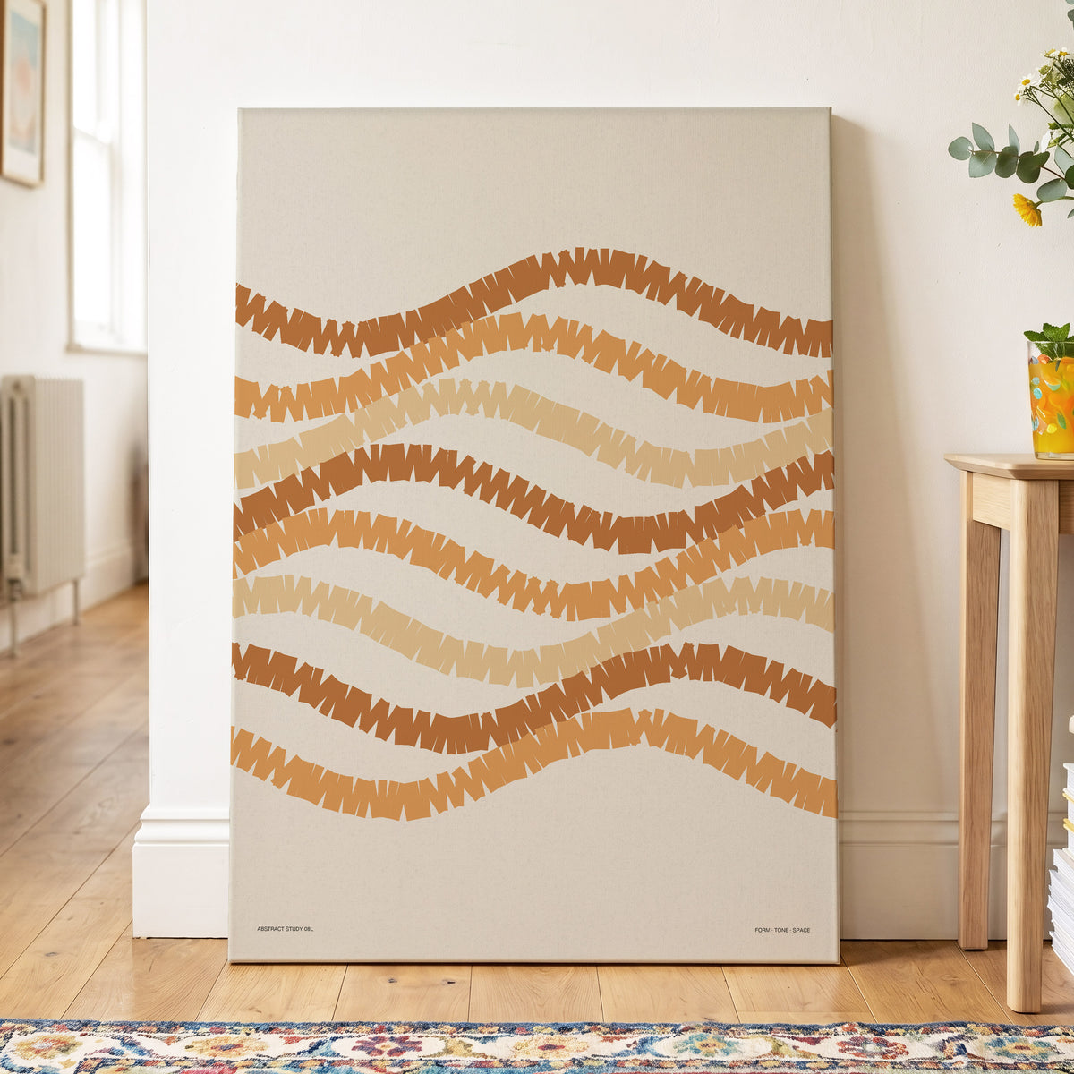 Ochre Tides, beige, brown, orange abstract wall art on canvas displayed in a styled interior, gallery view 2