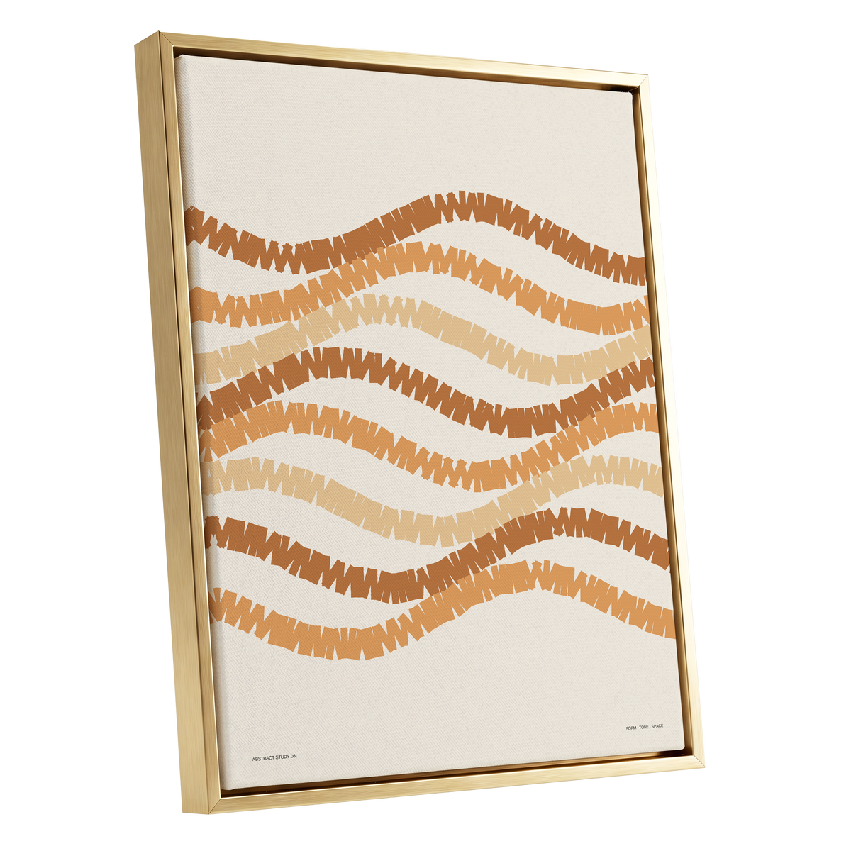Ochre Tides, beige, brown, orange abstract wall art shown as a gold framed canvas wall art