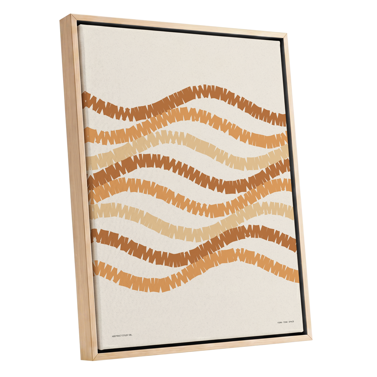 Ochre Tides, beige, brown, orange abstract wall art shown as a oak framed canvas wall art