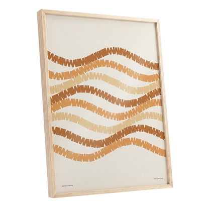 Ochre Tides, beige, brown, orange abstract wall art shown as a oak framed poster wall art print