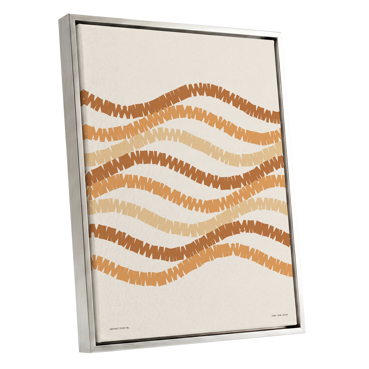Ochre Tides, beige, brown, orange abstract wall art shown as a silver framed canvas wall art