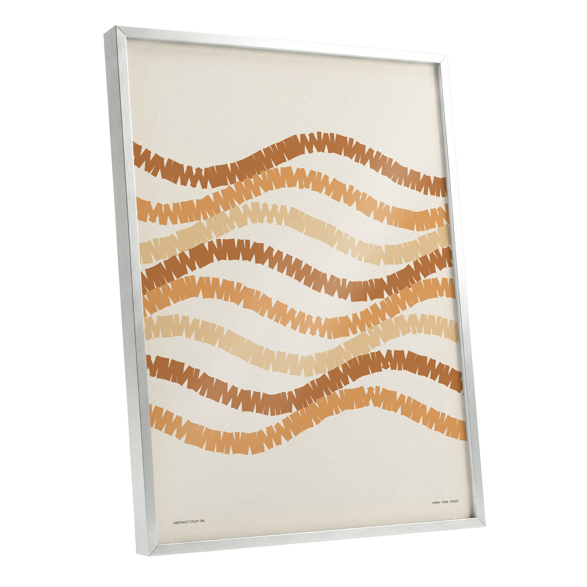Ochre Tides, beige, brown, orange abstract wall art shown as a silver framed poster wall art print
