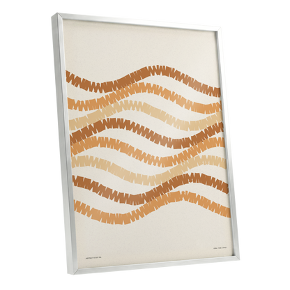 Ochre Tides, beige, brown, orange abstract wall art shown as a silver framed poster wall art print
