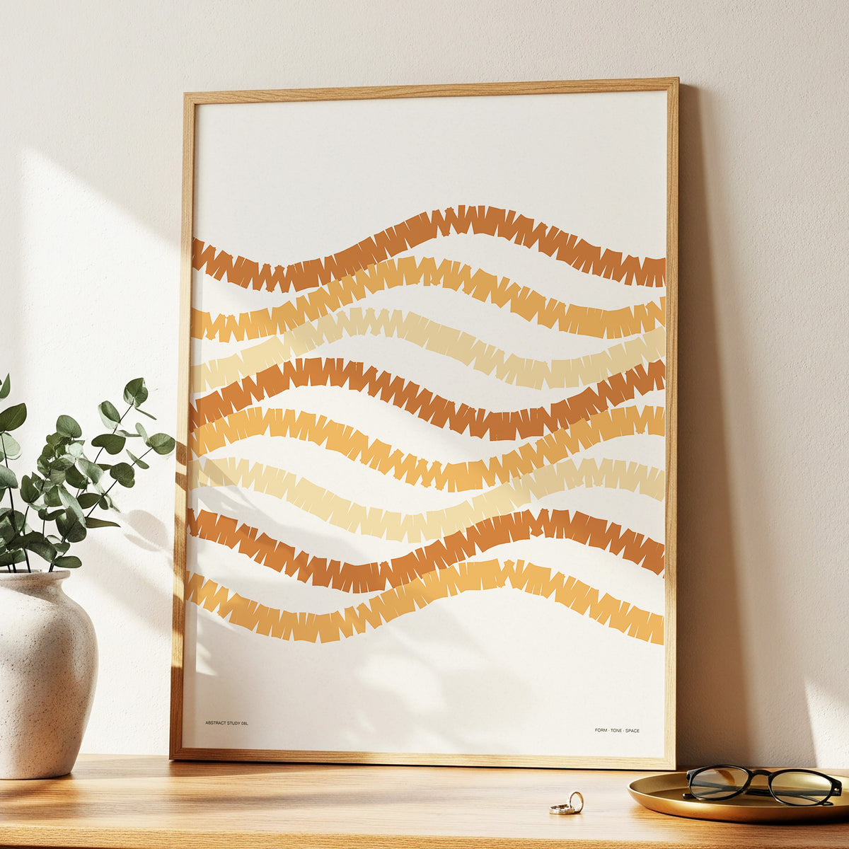 Ochre Tides, beige, brown, orange abstract wall art displayed in a styled interior, gallery view 2
