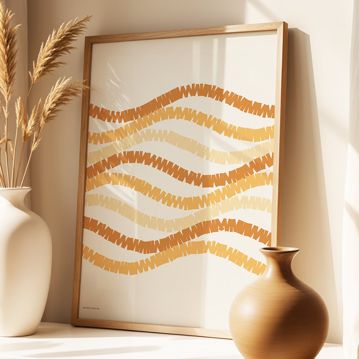 Ochre Tides, beige, brown, orange abstract wall art displayed in a styled interior, gallery view 3