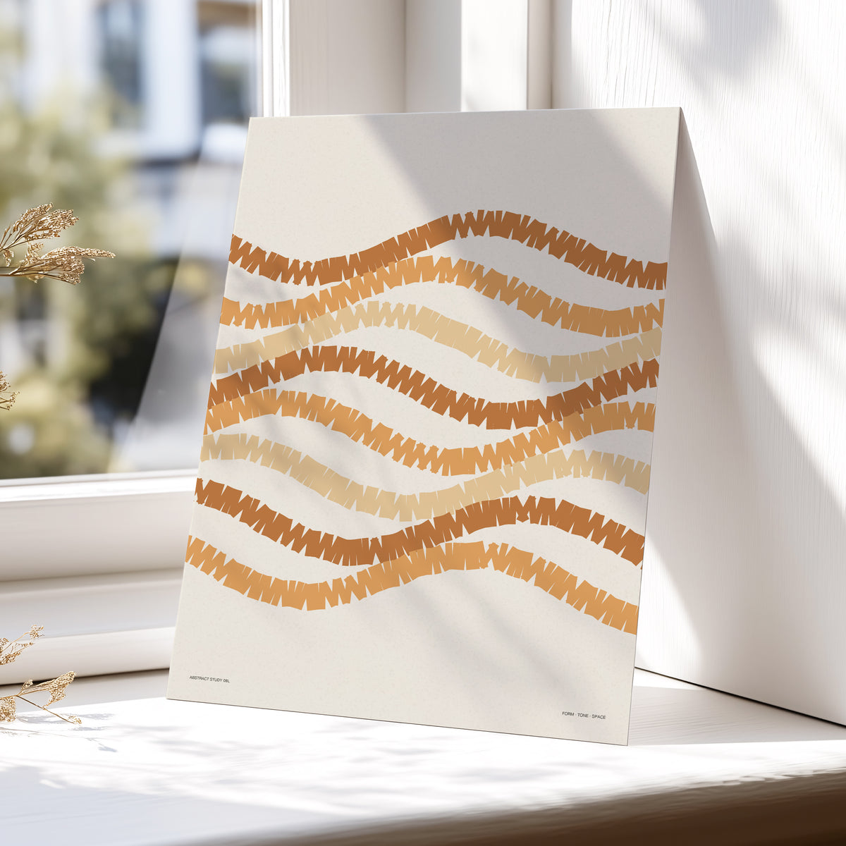 Ochre Tides, beige, brown, orange abstract wall art displayed in a styled interior, gallery view 4