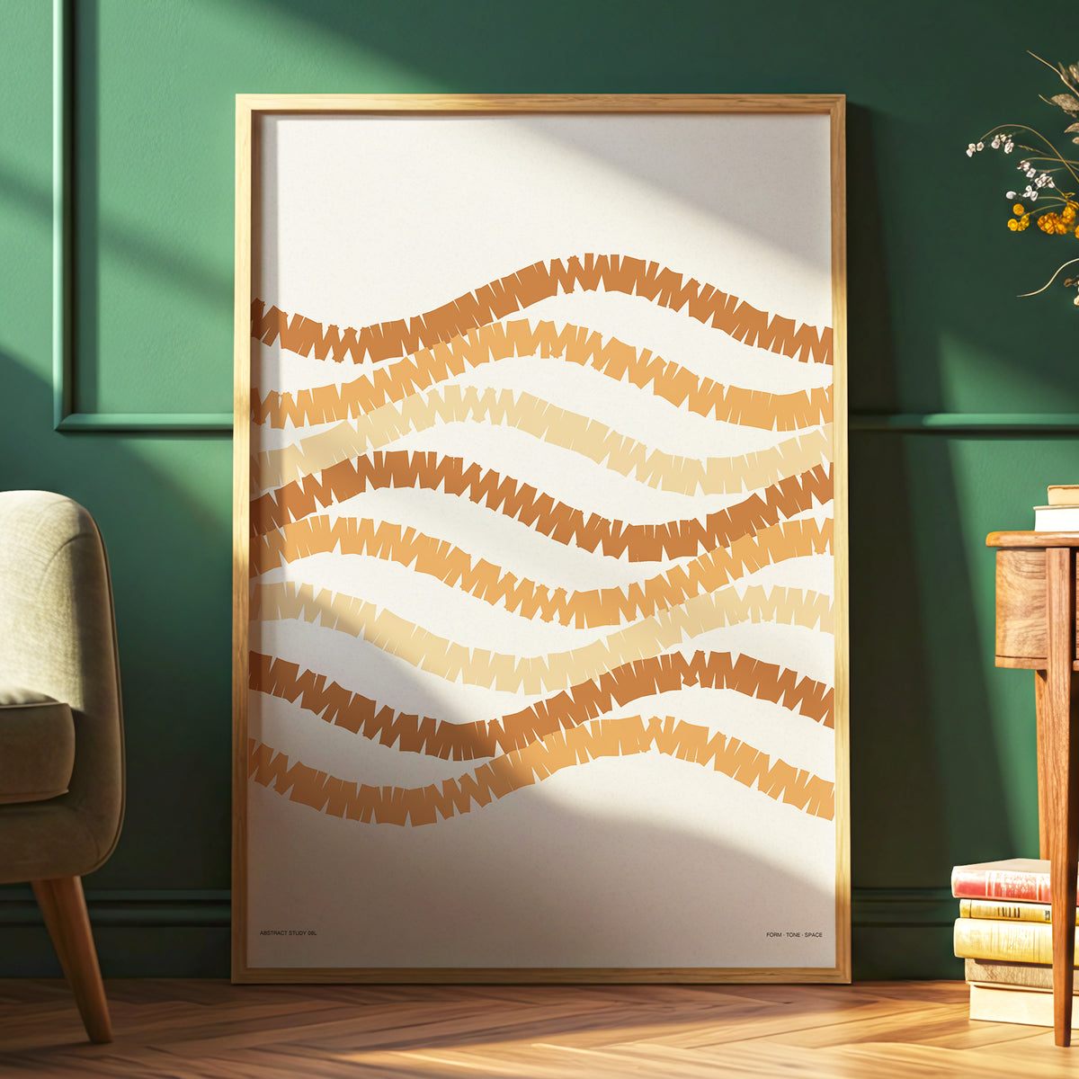 Ochre Tides, beige, brown, orange abstract wall art displayed in a styled interior, gallery view 6