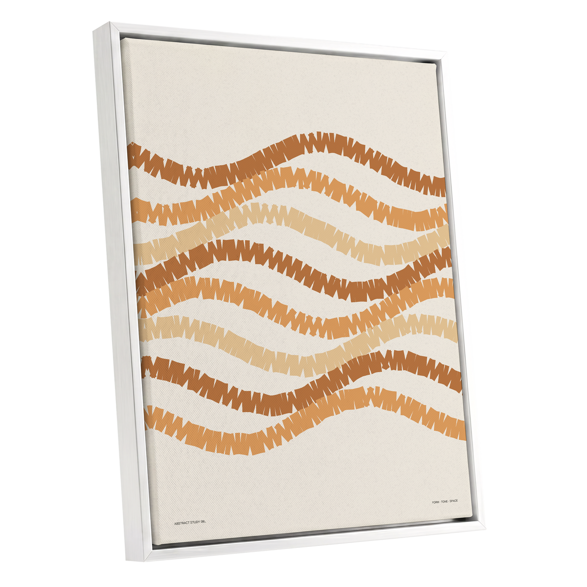Ochre Tides, beige, brown, orange abstract wall art shown as a white framed canvas wall art