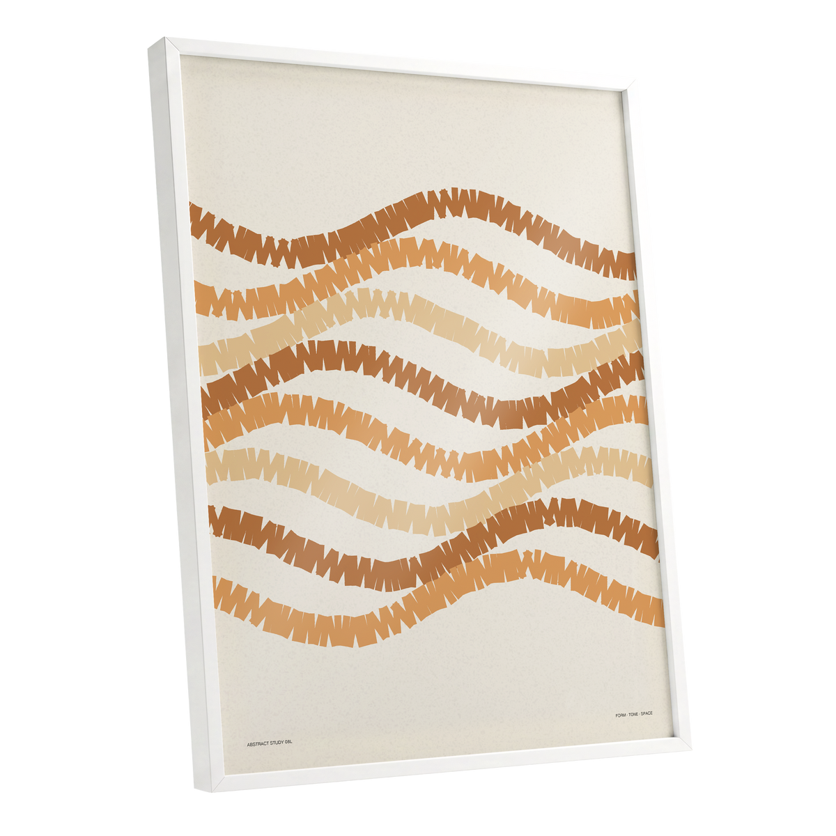 Ochre Tides, beige, brown, orange abstract wall art shown as a white framed poster wall art print