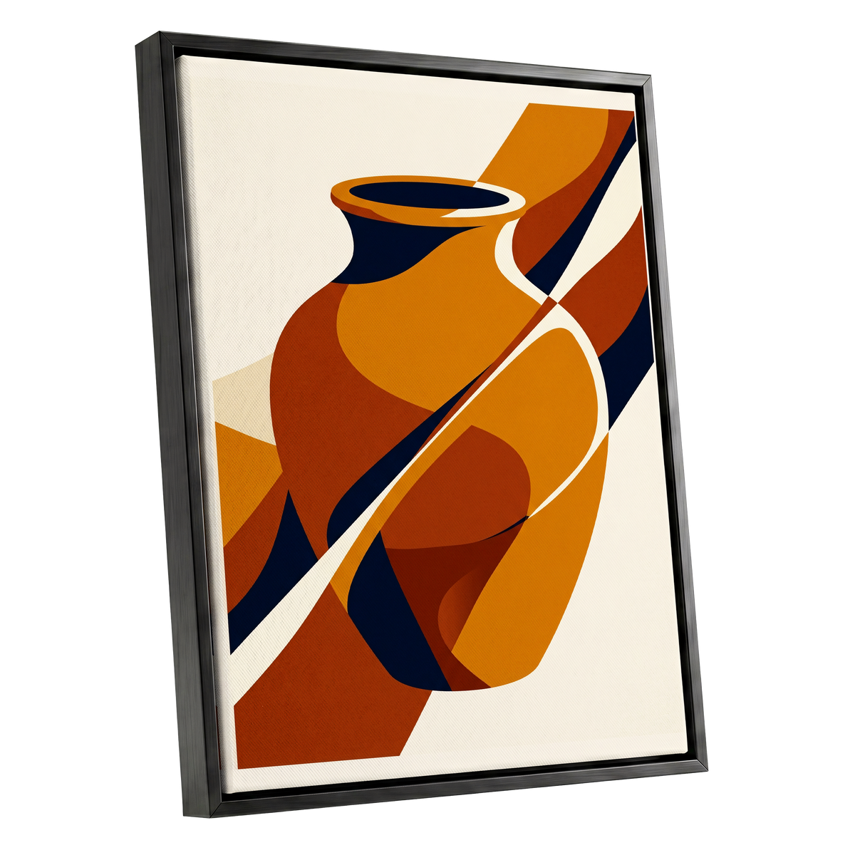 Ochre Vessel Rhythm, orange, blue, beige abstract wall art shown as a black framed canvas wall art