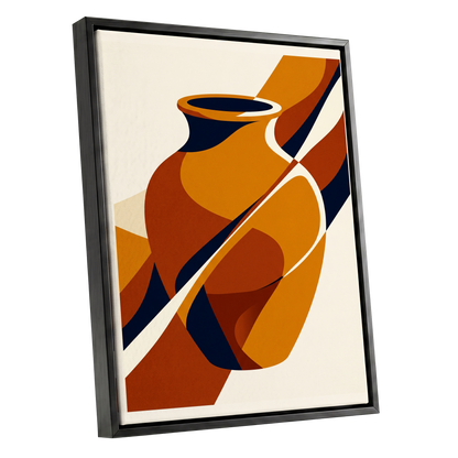 Ochre Vessel Rhythm, orange, blue, beige abstract wall art shown as a black framed canvas wall art