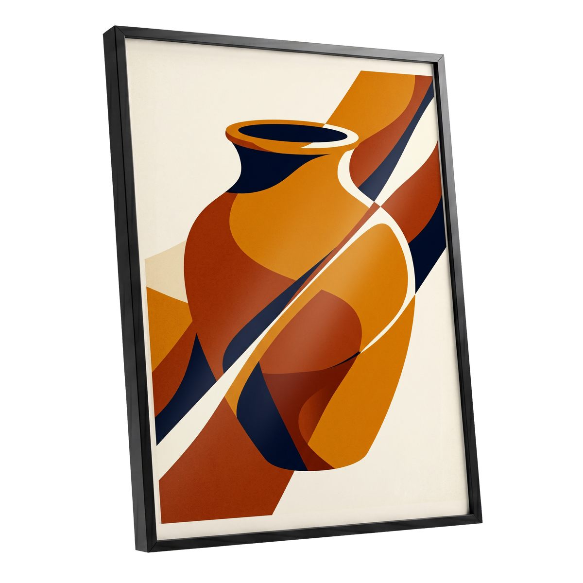Ochre Vessel Rhythm, orange, blue, beige abstract wall art shown as a black framed poster wall art print