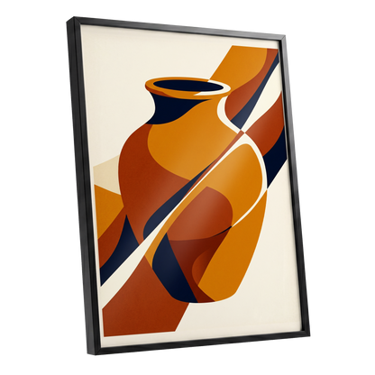Ochre Vessel Rhythm, orange, blue, beige abstract wall art shown as a black framed poster wall art print