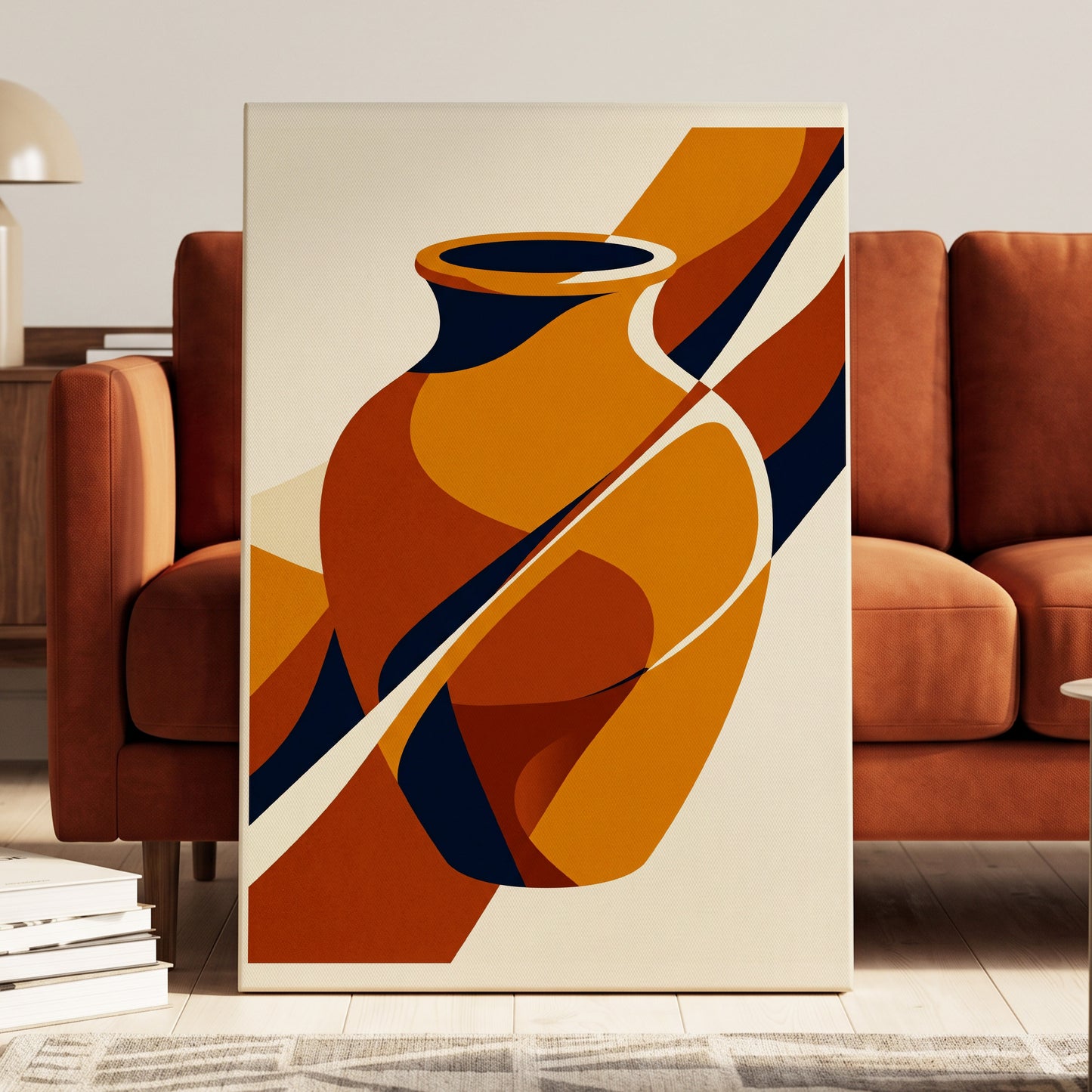 Ochre Vessel Rhythm, orange, blue, beige abstract wall art on canvas displayed in a styled interior, gallery view 1