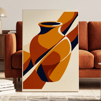 Ochre Vessel Rhythm, orange, blue, beige abstract wall art on canvas displayed in a styled interior, gallery view 1