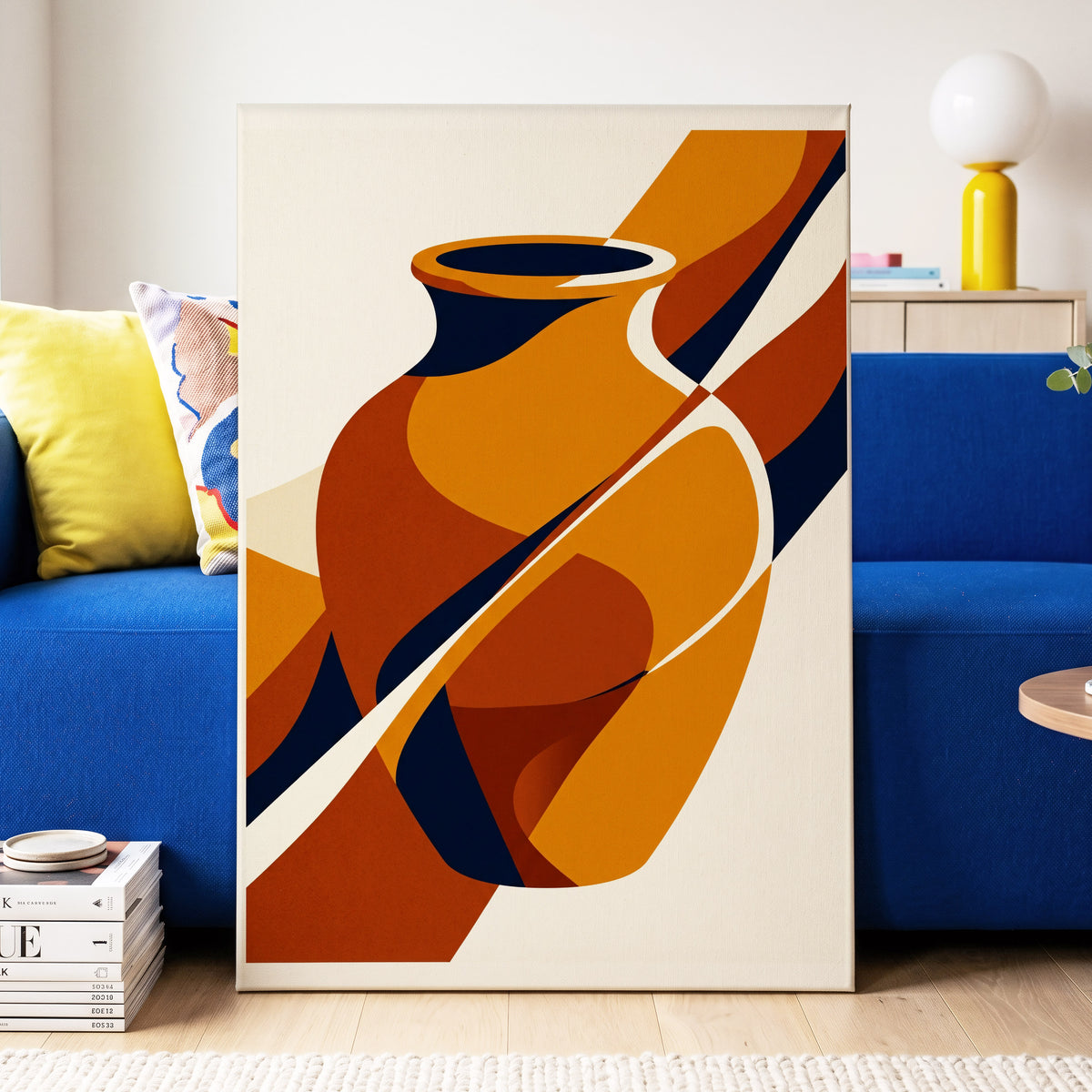 Ochre Vessel Rhythm, orange, blue, beige abstract wall art on canvas displayed in a styled interior, gallery view 2